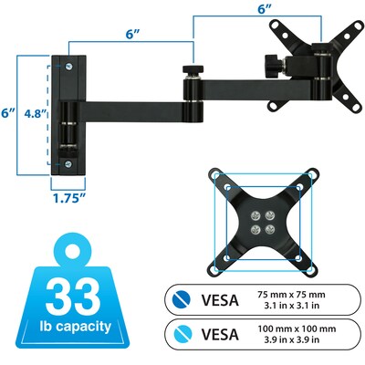 Mount-It! Full-Motion Single Monitor Wall Arm Mount, Up to 30", Black (MI-404)