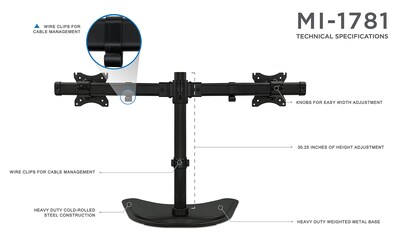 Mount-It! Adjustable Dual Monitor Freestanding Desk Stand, Up to 27", Black (MI-1781)