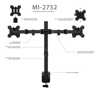 Mount-It! Adjustable Dual Monitor Arm Mount, Up To 27" Monitor, Black (MI-2752)