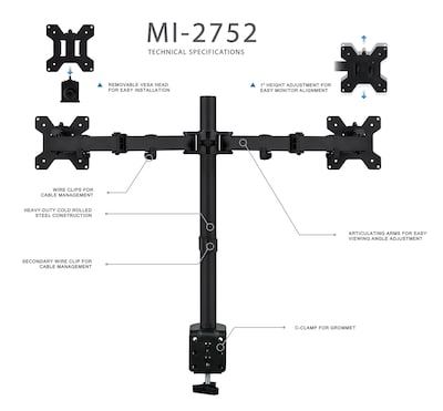 Mount-It! Adjustable Dual Monitor Arm Mount, Up To 32" Monitor, Black (MI-2752)