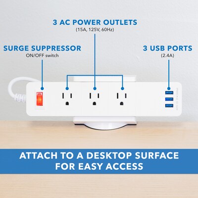 Mount-It! 3 Outlet Desk Clamp Surge Protector Power Strip, 3 USB, 5' Cord (MI-7281)