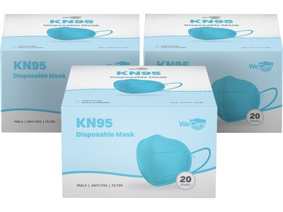 WeCare Disposable KN95 Face Mask, Adult, Blue, 20 Masks/Box, 3 Boxes/Pack (TBN203225)