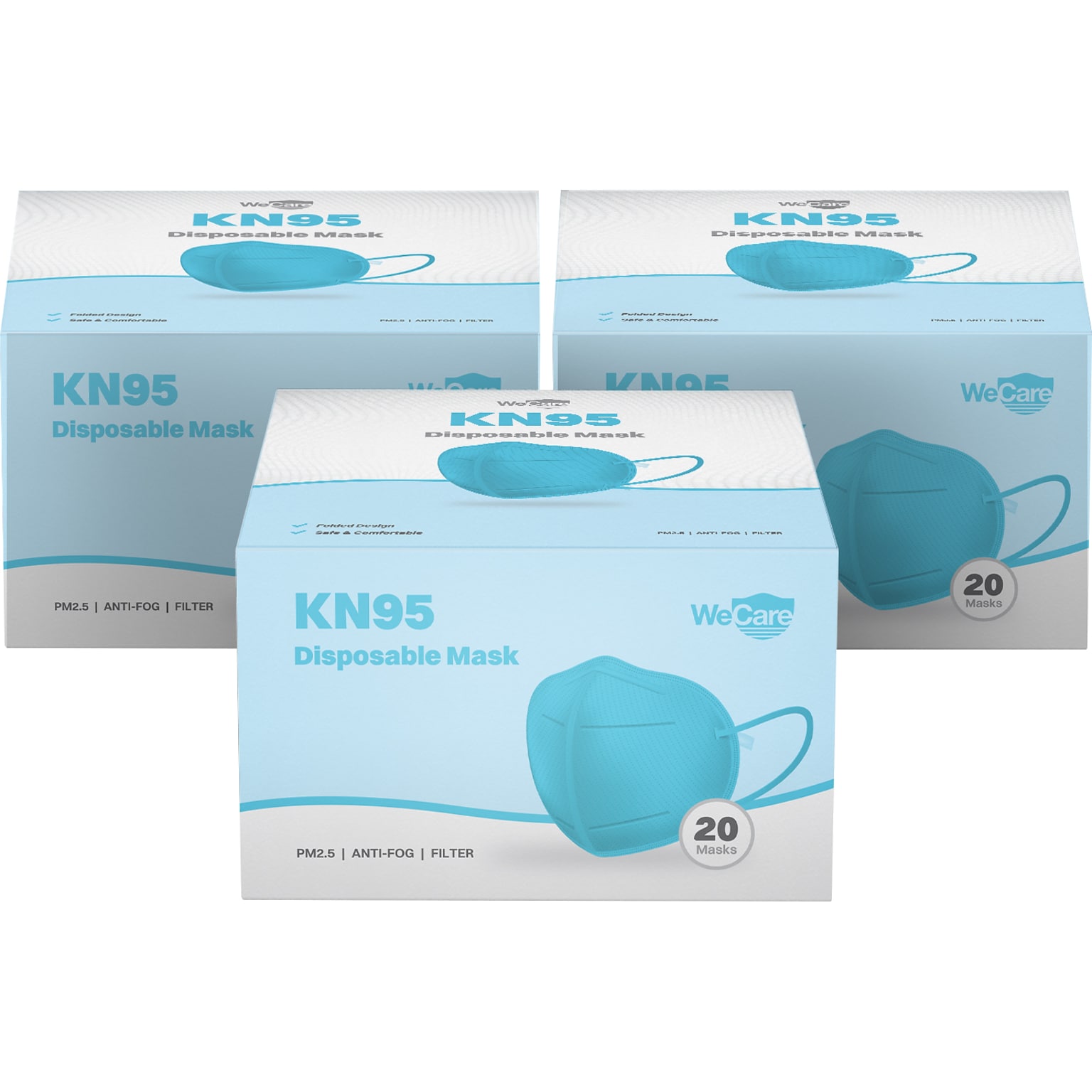 WeCare Disposable KN95 Face Mask, Adult, Blue, 20 Masks/Box, 3 Boxes/Pack (TBN203225)