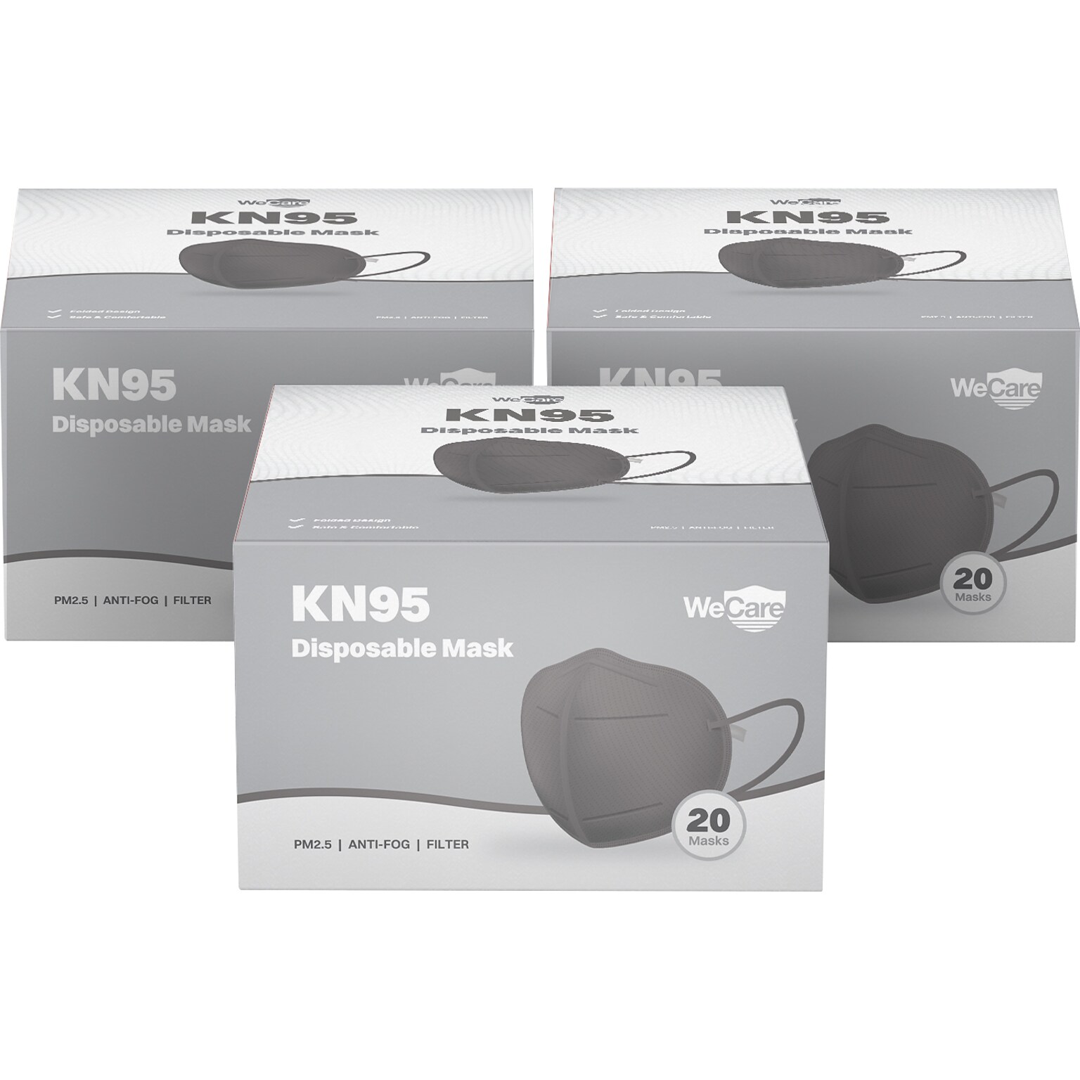 WeCare Disposable KN95 Face Mask, Adult, Dark Gray, 20 Masks/Box, 3 Boxes/Pack (TBN203226)