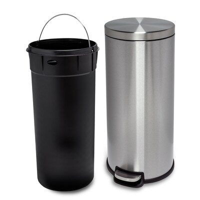 Honey-Can-Do Steel Indoor Round Step Can Trash Can with Hinged Lid, 7.92 Gallon, Silver (TRS-09074)