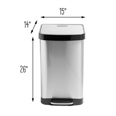 Honey-Can-Do Steel Indoor Square Step Trash Can with Hinged Lid, 13.2 Gallon, Silver (TRS-08993)