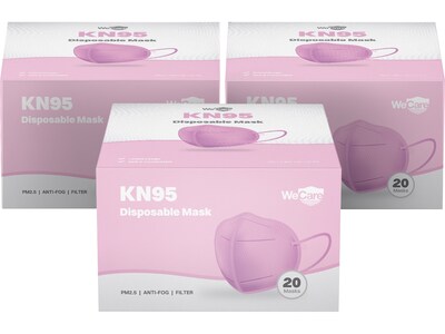 WeCare Disposable KN95 Face Mask, Adult, Pink, 20 Masks/Box, 3 Boxes/Pack (TBN203229)