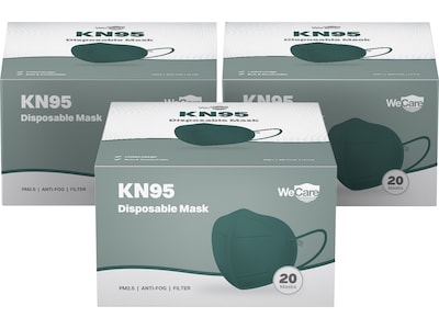 WeCare Disposable KN95 Face Mask, Adult, Dark Green, 20 Masks/Box, 3 Boxes/Pack (TBN203227)