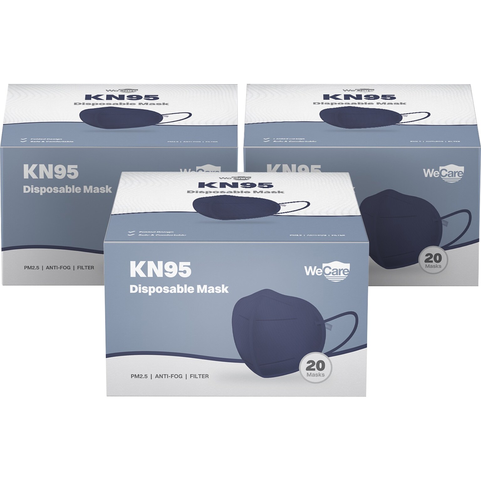 WeCare Disposable KN95 Face Mask, Adult, Navy, 20 Masks/Box, 3 Boxes/Pack (TBN203228)