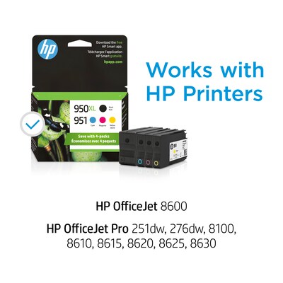 HP 950XL/951 Black High Yield and Cyan/Magenta/Yellow Standard Yield Ink Cartridge, 4/Pack (C2P01FN#