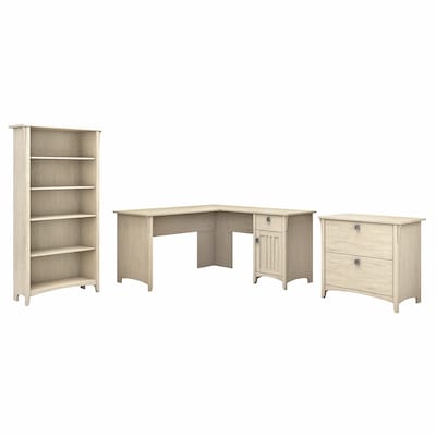 Bush Furniture Salinas 60W L Shaped Desk with Lateral File Cabinet and 5 Shelf Bookcase, Antique Wh