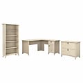 Bush Furniture Salinas 60W L Shaped Desk with Lateral File Cabinet and 5 Shelf Bookcase, Antique Whi