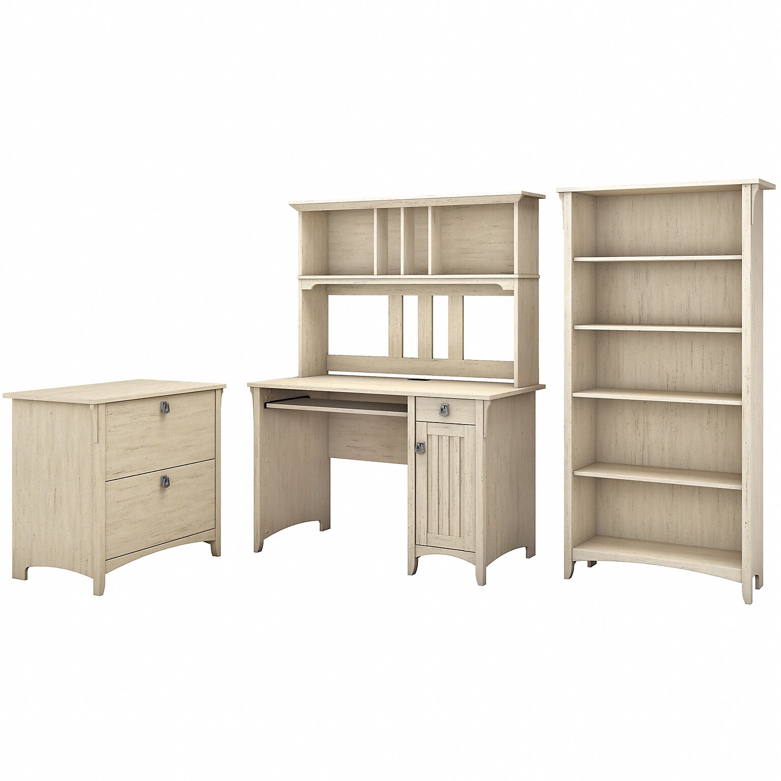Bush Furniture Salinas 48W Mission Desk with Hutch, Lateral File Cabinet and 5 Shelf Bookcase, Antique White (SAL002AW)