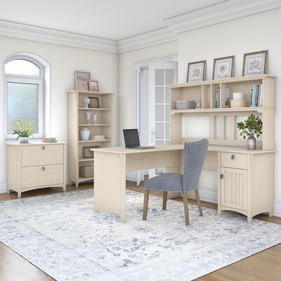 Bush Furniture Salinas 60"W L Shaped Desk with Hutch, Lateral File Cabinet and 5 Shelf Bookcase, Antique White (SAL007AW)