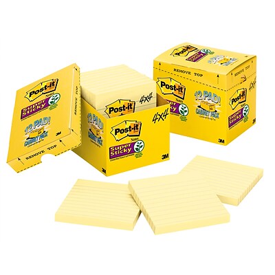 Post-it® Super Sticky Notes,  4 x 4, Canary Yellow, Lined, 90 Sheets/Pad, 12 Pads/Pack (675-12SSCP)