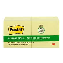 Post-it Greener Recycled Notes, 3 x 3, Canary Collection, 100 Sheet/Pad, 12 Pads/Pack (654-RP-YW)
