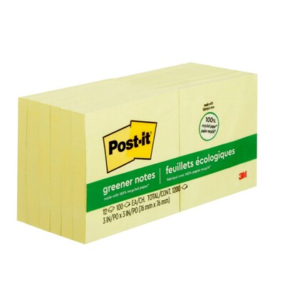 Post-it Greener Recycled Notes, 3" x 3", Canary Collection, 100 Sheet/Pad, 12 Pads/Pack (654-RP-YW)