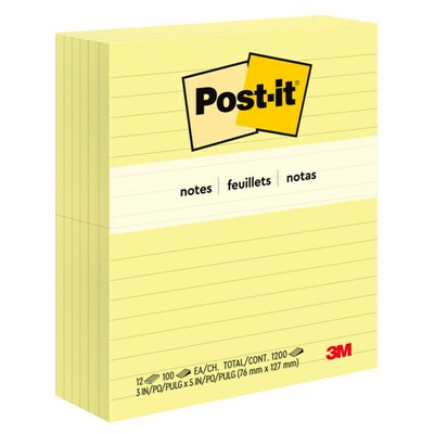 Post-it Notes, 3 x 5, Canary Yellow, Lined, 100 Sheets/Pad, 12 Pads/Pack (635-YW)
