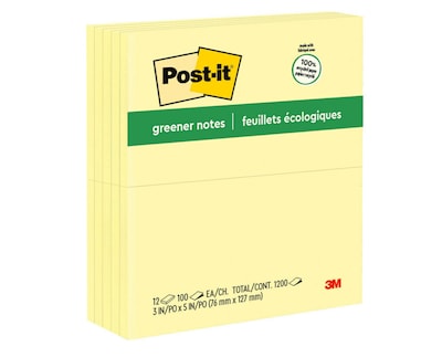 Post-it Greener Recycled Notes, 3 x 5, Canary Collection, 100 Sheet/Pad, 12 Pads/Pack (655RPYW)