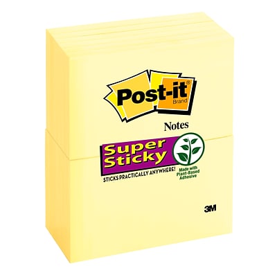 Post-it® Super Sticky Notes, 3 x 5, Canary Yellow, 90 Sheets/Pad, 12 Pads/Pack (655-12SSCY)