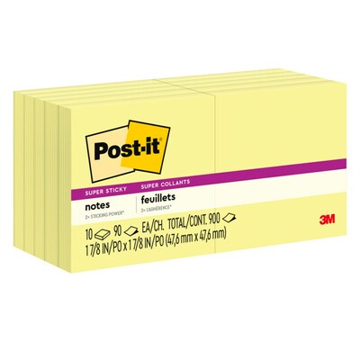 Post-it Super Sticky Notes, 1 7/8 x 1 7/8, Canary Yellow, 90 Sheets/Pad, 10 Pads/Pack (622-10SSCY)
