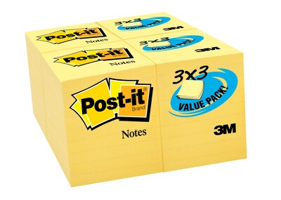 Post-it® Notes, 3 x 3, Canary Yellow, 90 Sheets/Pad, 36 Pads/Pack (654-36VAD90)