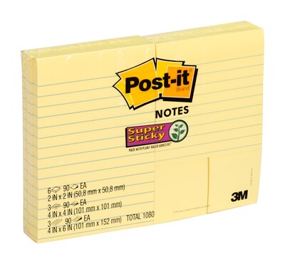 Post-it® Super Sticky Notes Combo Pack, Assorted Sizes, Canary Yellow, 90 Sheets/Pad, 12 Pads/Pack (4642-12SSCY)