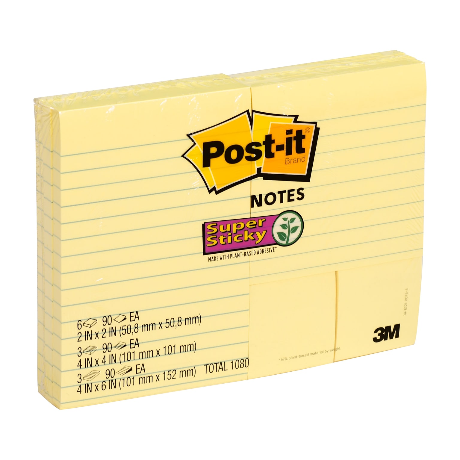 Post-it® Super Sticky Notes Combo Pack, Assorted Sizes, Canary Yellow, 90 Sheets/Pad, 12 Pads/Pack (4642-12SSCY)