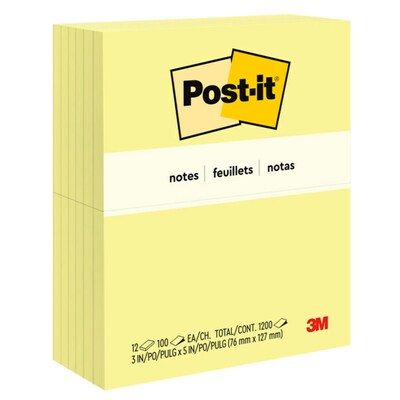 Post-it Notes, 3 x 5, Canary Yellow, 100 Sheets/Pad, 12 Pads/Pack (655)