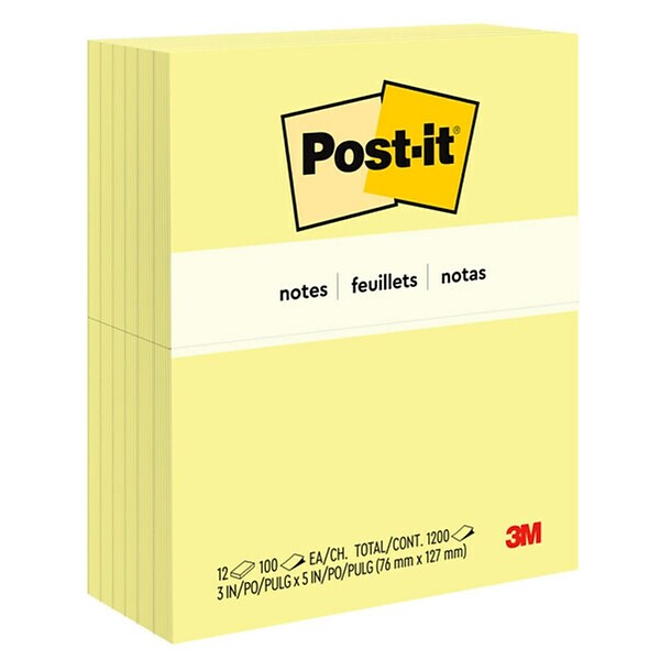Post-it® Notes, 3 x 5, Canary Yellow, 100 Sheets/Pad, 12 Pads/Pack (655)
