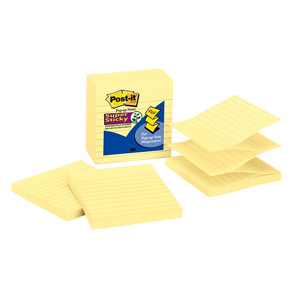 Post-it® Pop-up Super Sticky Notes, Canary Yellow, Lined, 4 in x 4 in,  90 Sheets/Pad, 5 Pads/Pack (R440-YWSS)