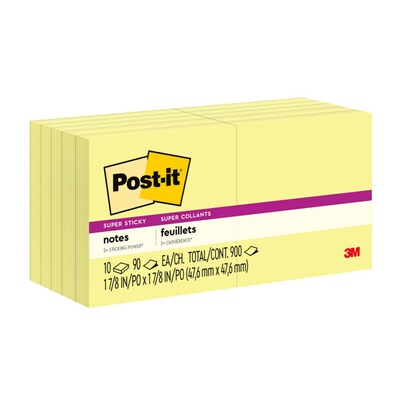 Post-it Super Sticky Notes, 3 x 3, Canary Yellow, 90 Sheets/Pad, 10 Pads/Pack (654-10SSCY)