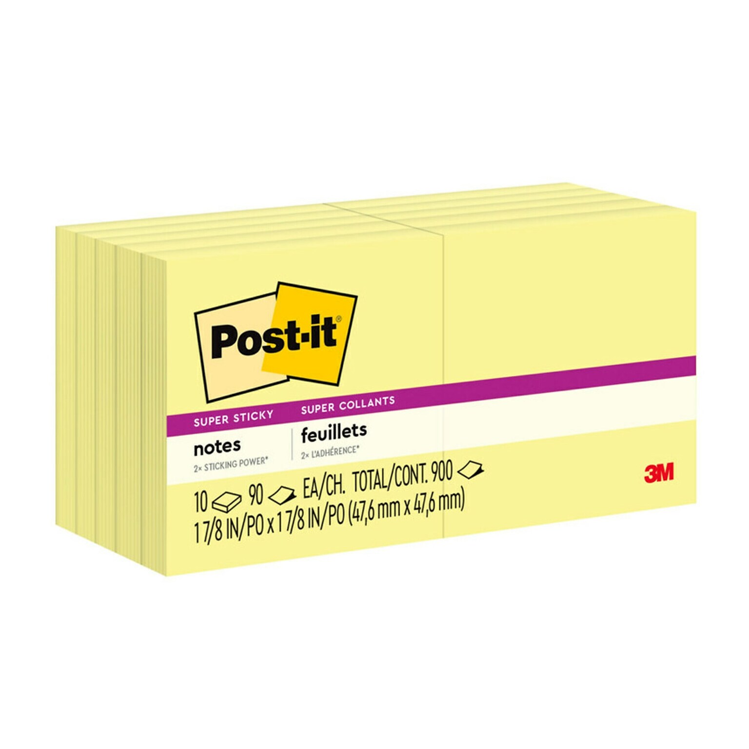 Post-it Super Sticky Notes, 3 x 3, Canary Yellow, 90 Sheets/Pad, 10 Pads/Pack (654-10SSCY)