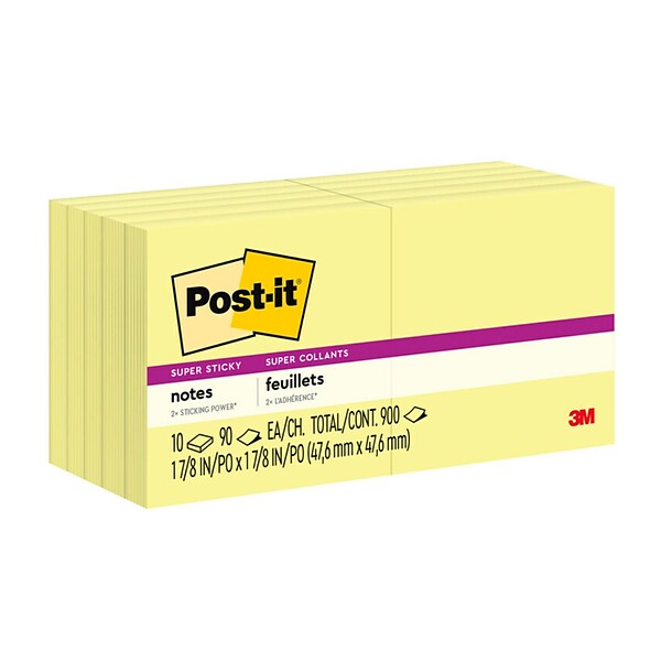 Post-it® Super Sticky Notes, 3 x 3, Canary Yellow, 90 Sheets/Pad, 10 Pads/Pack (654-10SSCY)
