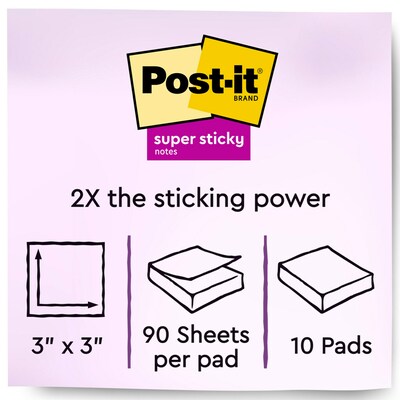 Post-it Super Sticky Notes, 3 x 3, Canary Yellow, 90 Sheets/Pad, 10 Pads/Pack (654-10SSCY)
