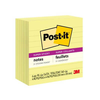 Post-it Super Sticky Notes, 4 x 4, Canary Yellow, Lined, 90 Sheets/Pad, 6 Pads/Pack (675-6SSCY)