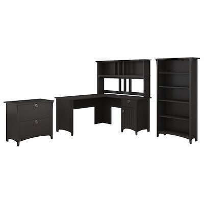 Bush Furniture Salinas 60"W L Shaped Desk with Hutch, Lateral File Cabinet and 5 Shelf Bookcase, Vintage Black (SAL007VB)