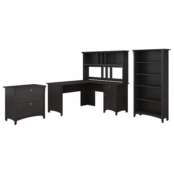 Bush Furniture Salinas 60W L Shaped Desk with Hutch, Lateral File Cabinet and 5 Shelf Bookcase, Vintage Black (SAL007VB)