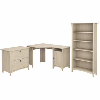 Bush Furniture Salinas 55W Corner Desk with Lateral File Cabinet and 5 Shelf Bookcase, Antique Whit