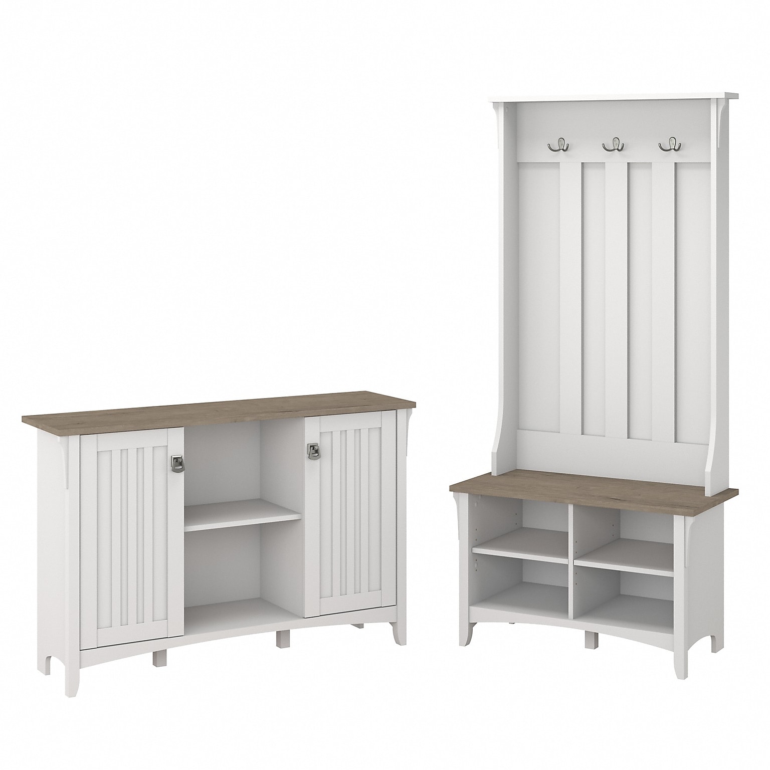 Bush Furniture Salinas 68.11 Storage Set with Hall Tree, Shoe Bench, Cabinet, 5 Shelves, Shiplap Gray/Pure White (SAL008G2W)