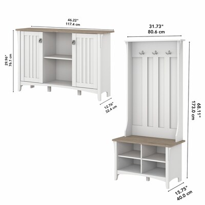 Bush Furniture Salinas 68.11" Storage Set with Hall Tree, Shoe Bench, Cabinet, 5 Shelves, Shiplap Gray/Pure White (SAL008G2W)