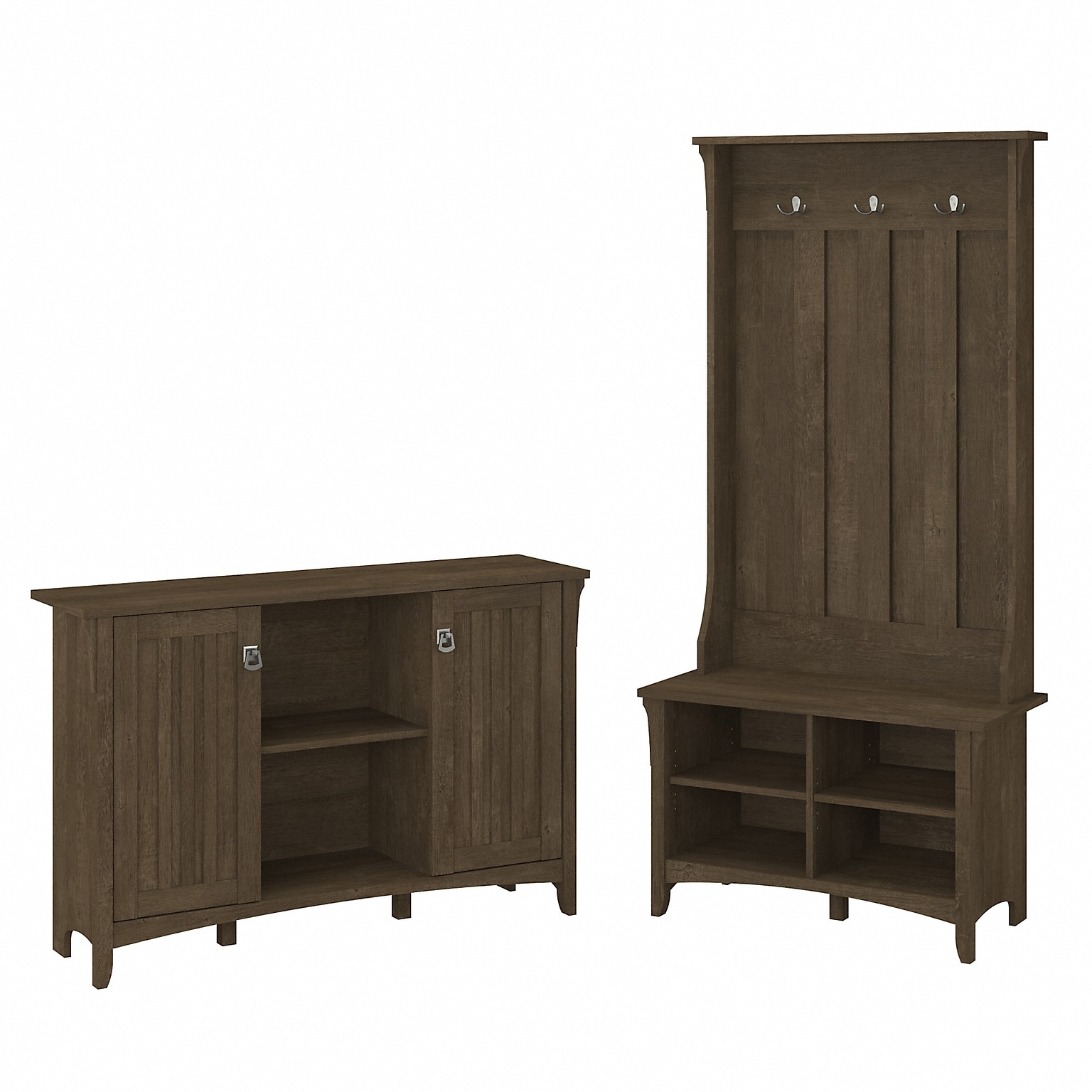 Bush Furniture Salinas 68.11 Storage Set with Hall Tree, Shoe Bench and Accent Cabinet with 5 Shelves, Ash Brown (SAL008ABR)