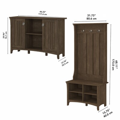 Bush Furniture Salinas 68.11" Storage Set with Hall Tree, Shoe Bench and Accent Cabinet with 5 Shelves, Ash Brown (SAL008ABR)