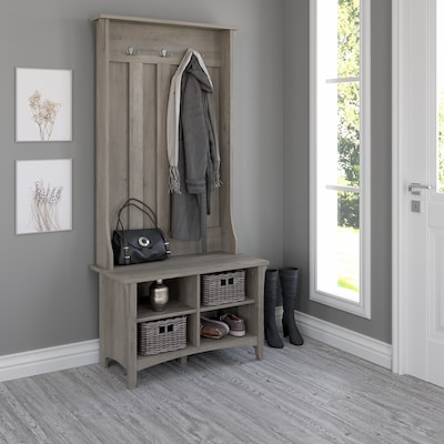 Furniture Key West Entryway Storage Set with Hall Tree, Shoe Bench and Tall  Cabinet in Washed Gray by Bush