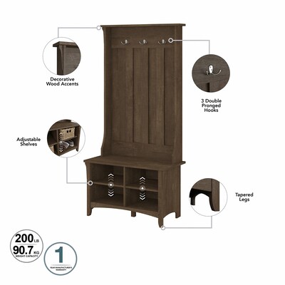 Bush Furniture Salinas 68.11" Storage Set with Hall Tree, Shoe Bench and Cabinets with 10 Shelves, Ash Brown (SAL016ABR)