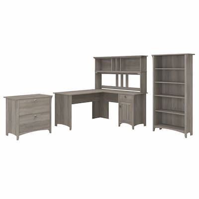 Bush Furniture Salinas 60W L Shaped Desk with Hutch, Lateral File Cabinet and 5 Shelf Bookcase, Dri