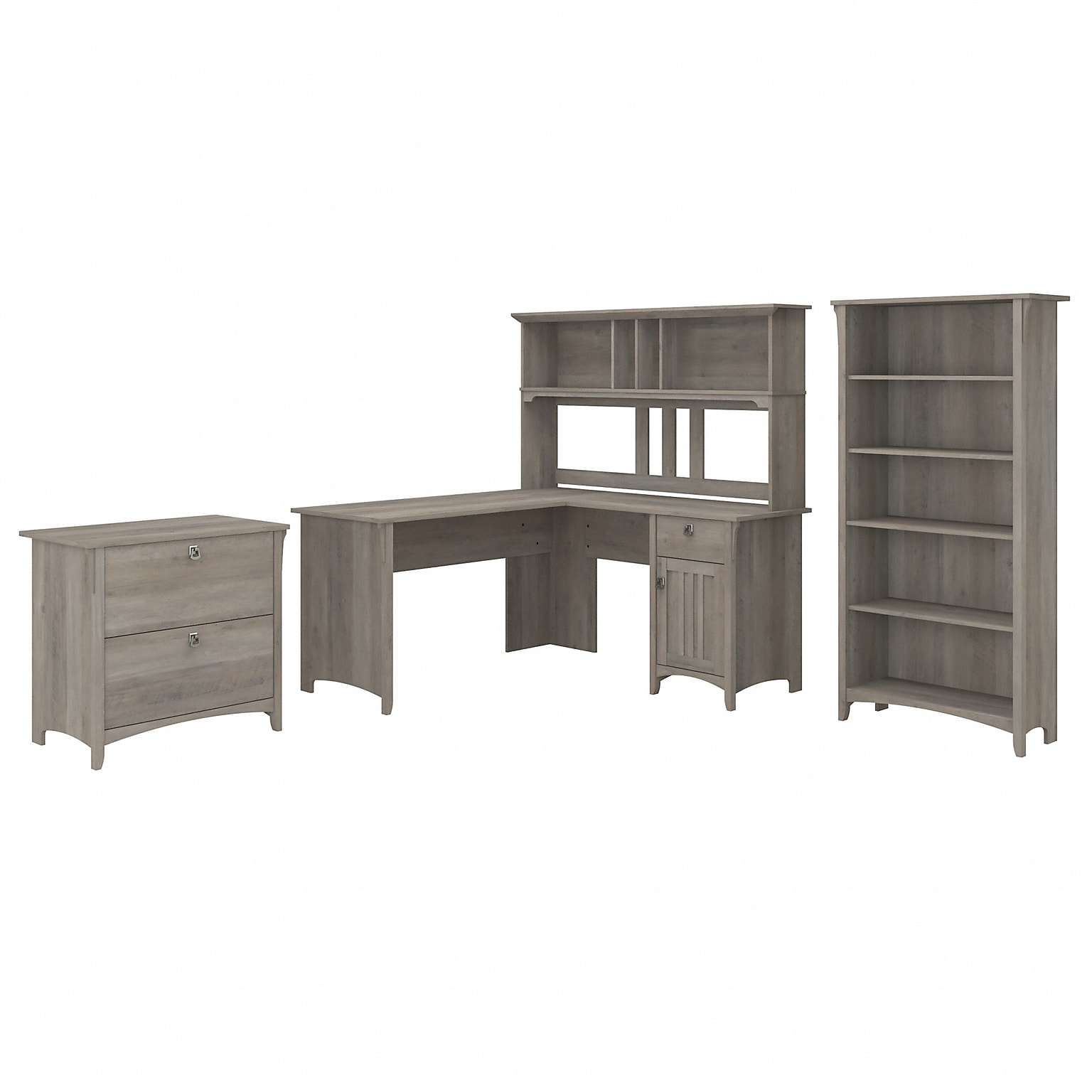 Bush Furniture Salinas 60W L Shaped Desk with Hutch, Lateral File Cabinet and 5 Shelf Bookcase, Driftwood Gray (SAL007DG)