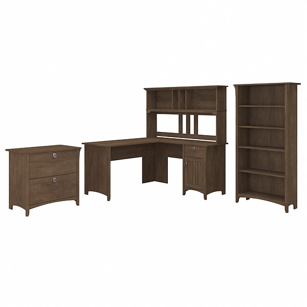 Bush Furniture Salinas 60 L-Shaped Desk with Hutch, Lateral File Cabinet and 5-Shelf Bookcase, Ash Brown (SAL007ABR)