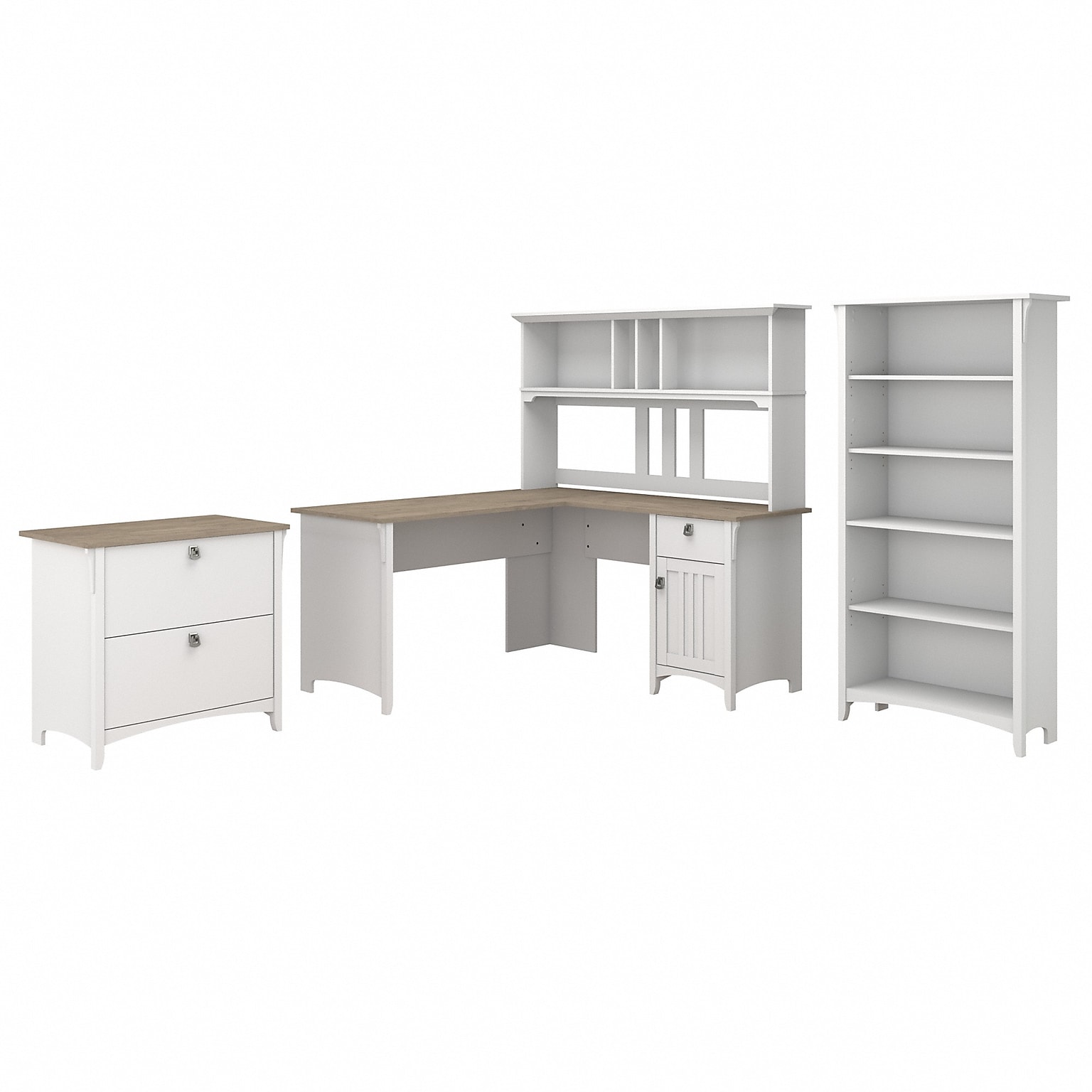 Bush Furniture Salinas 60 L-Shaped Desk with Hutch, File Cabinet and 5-Shelf Bookcase, Shiplap Gray/Pure White (SAL007G2W)