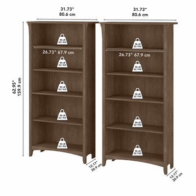 Bush Furniture Salinas 5-Shelf 63"H Tall Bookcase, Ash Brown, 2/Set (SAL036ABR)